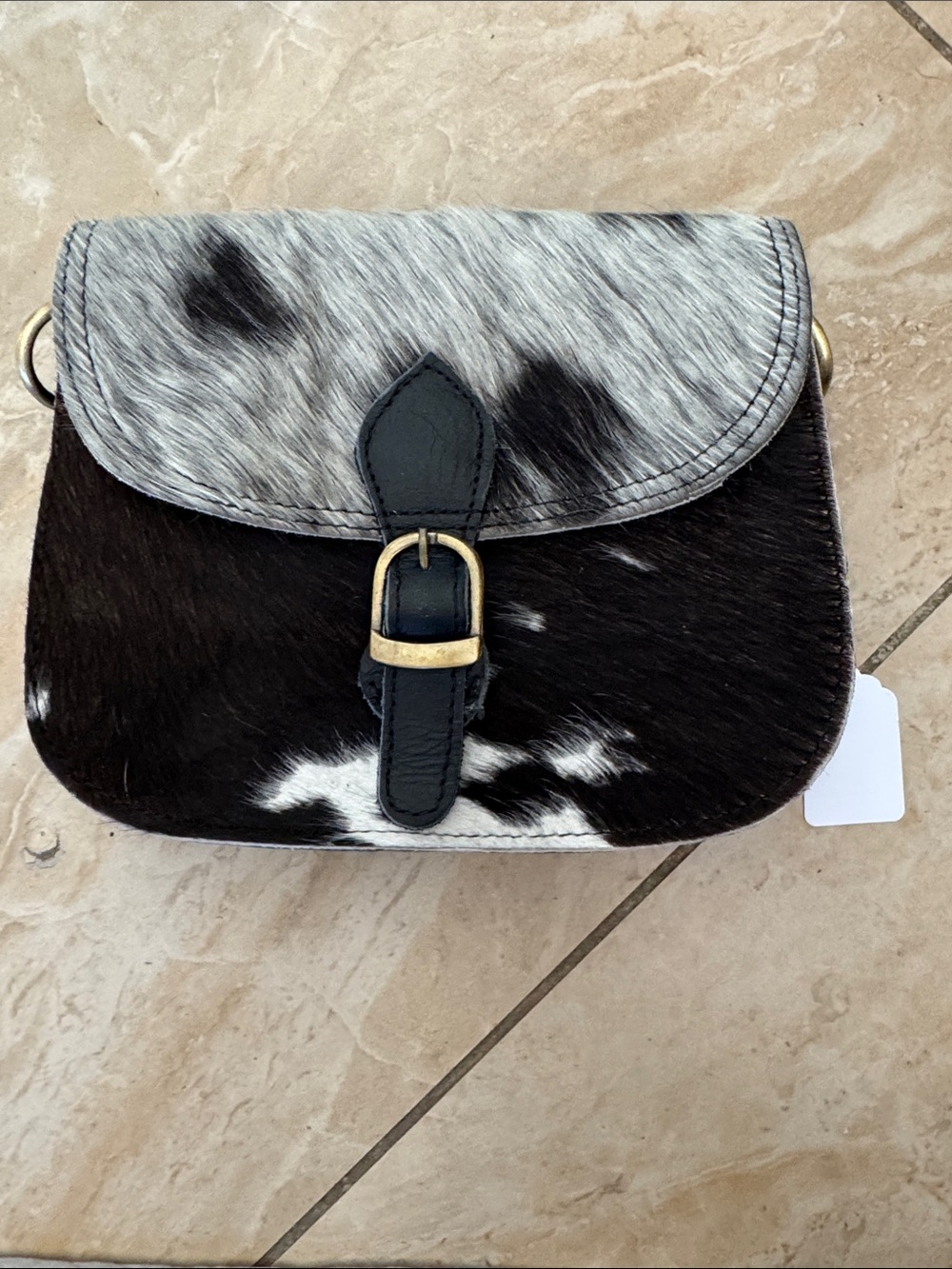 Source Unknown Black & White Cowhide Crossbody Bag with Buckle